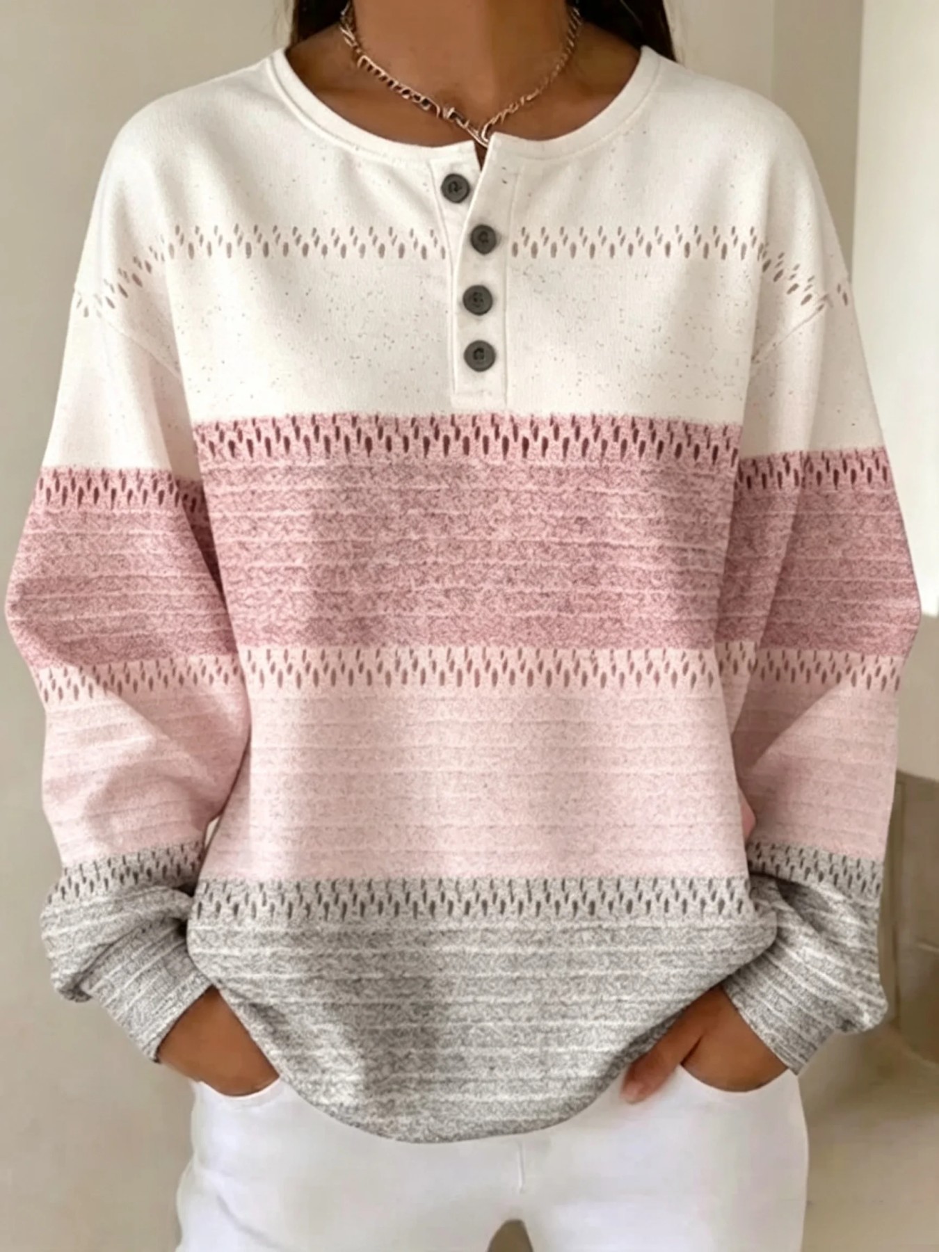 Women's Striped Print Buttoned Casual Hoodie