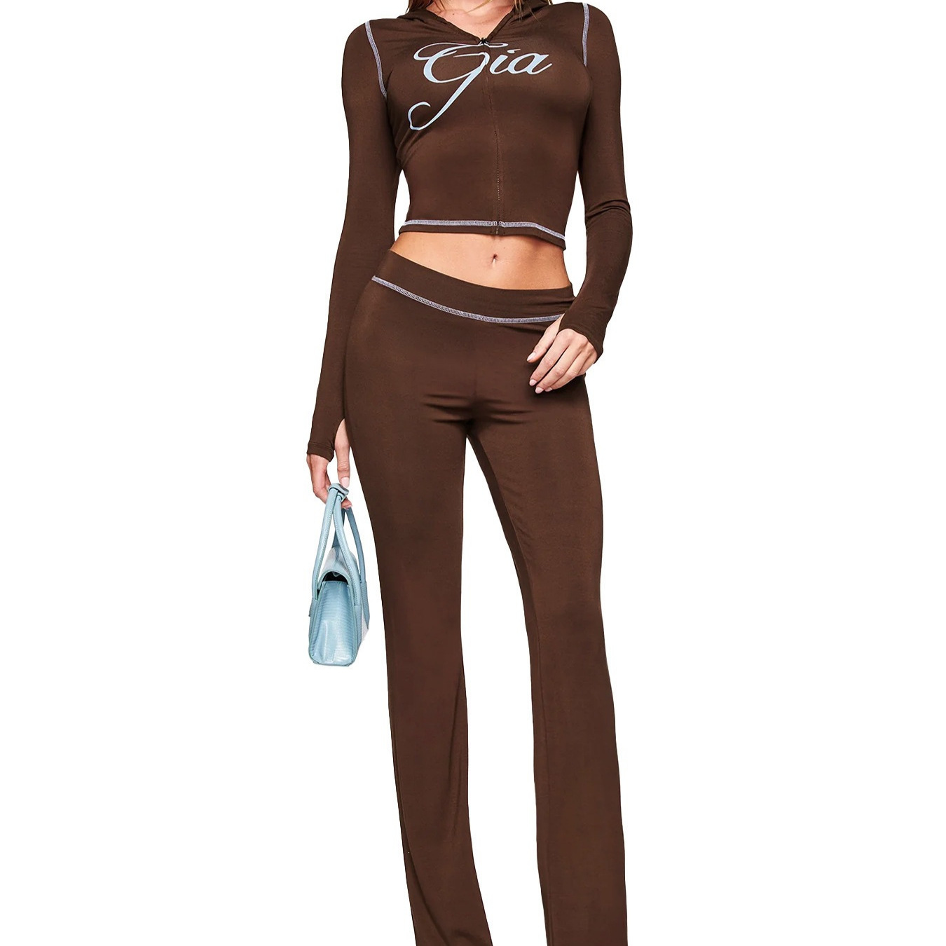 Women's Printed Hooded Long-Sleeve Thumbhole Two-Piece Set with Flared Pants