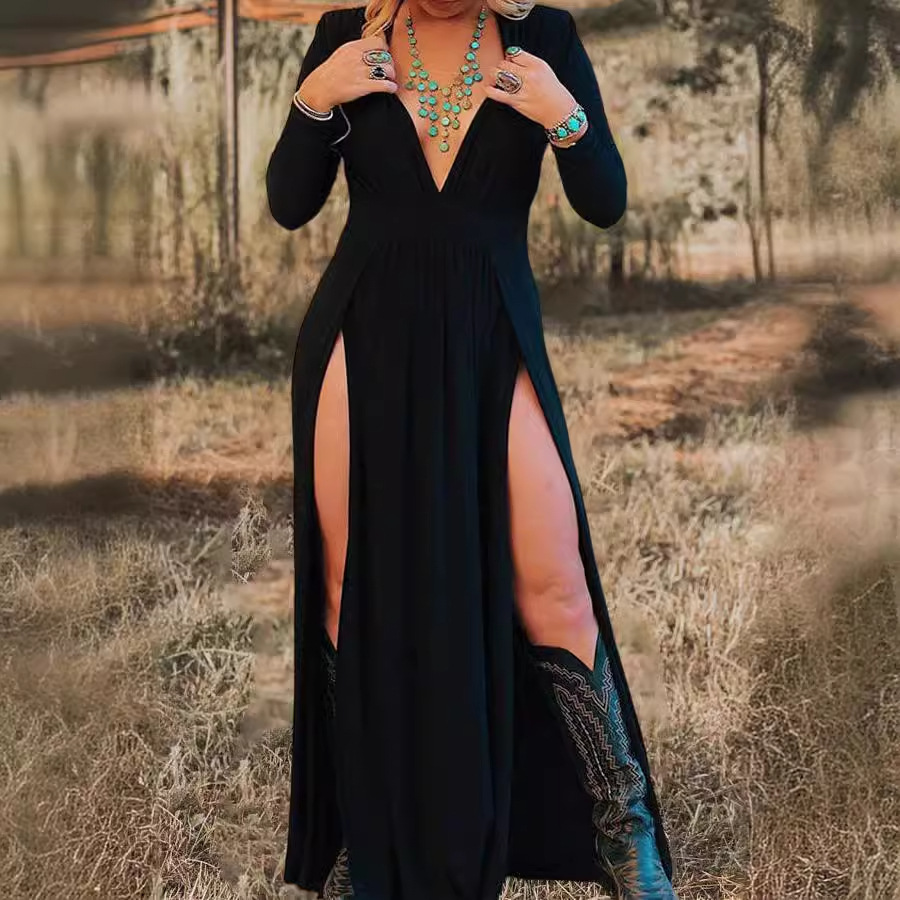 Long Sleeve V-Neck Cutout Solid Color Maxi Dress