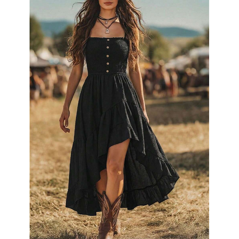 Bohemian Smocked Waist Midi Dress Sleeveless A-Line