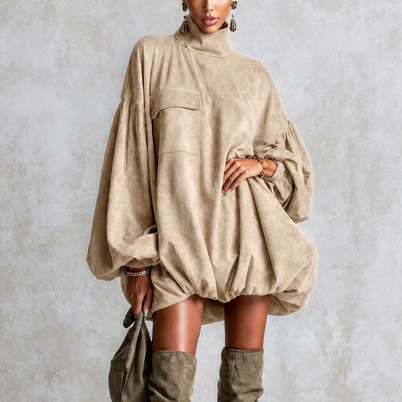 Khaki High Neck Lantern Sleeve Pocket Loose Bubble Hem Mini Dress