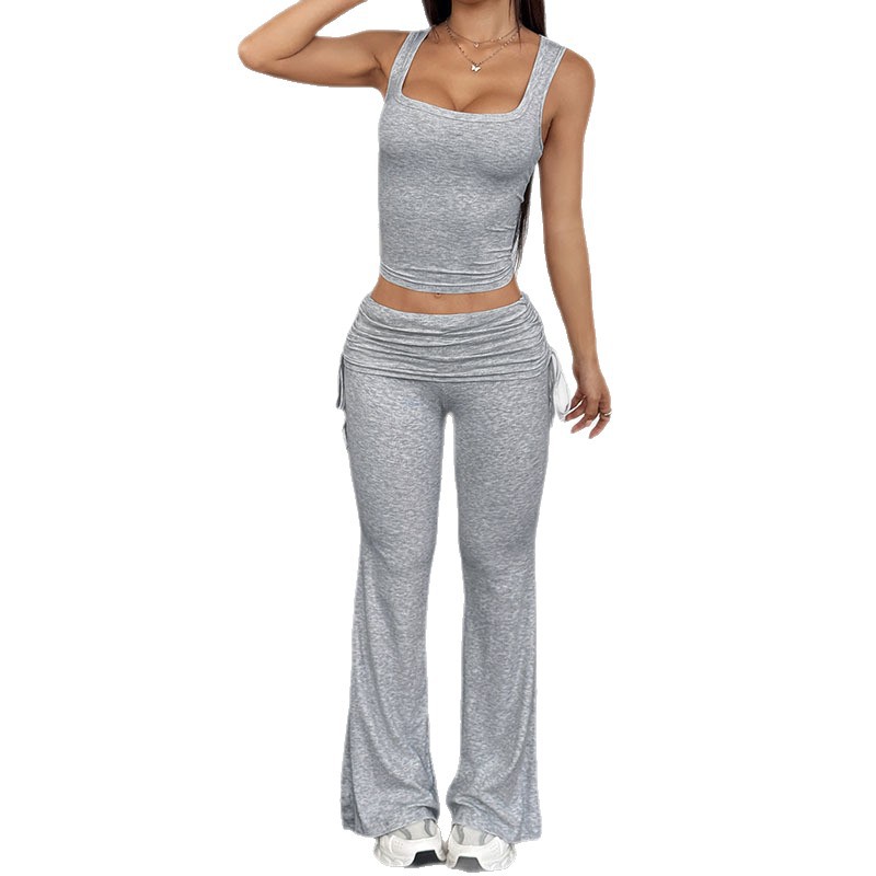 Y2K Solid Color Lace-Up Two-Piece Flared Pants Set Slim Commuter