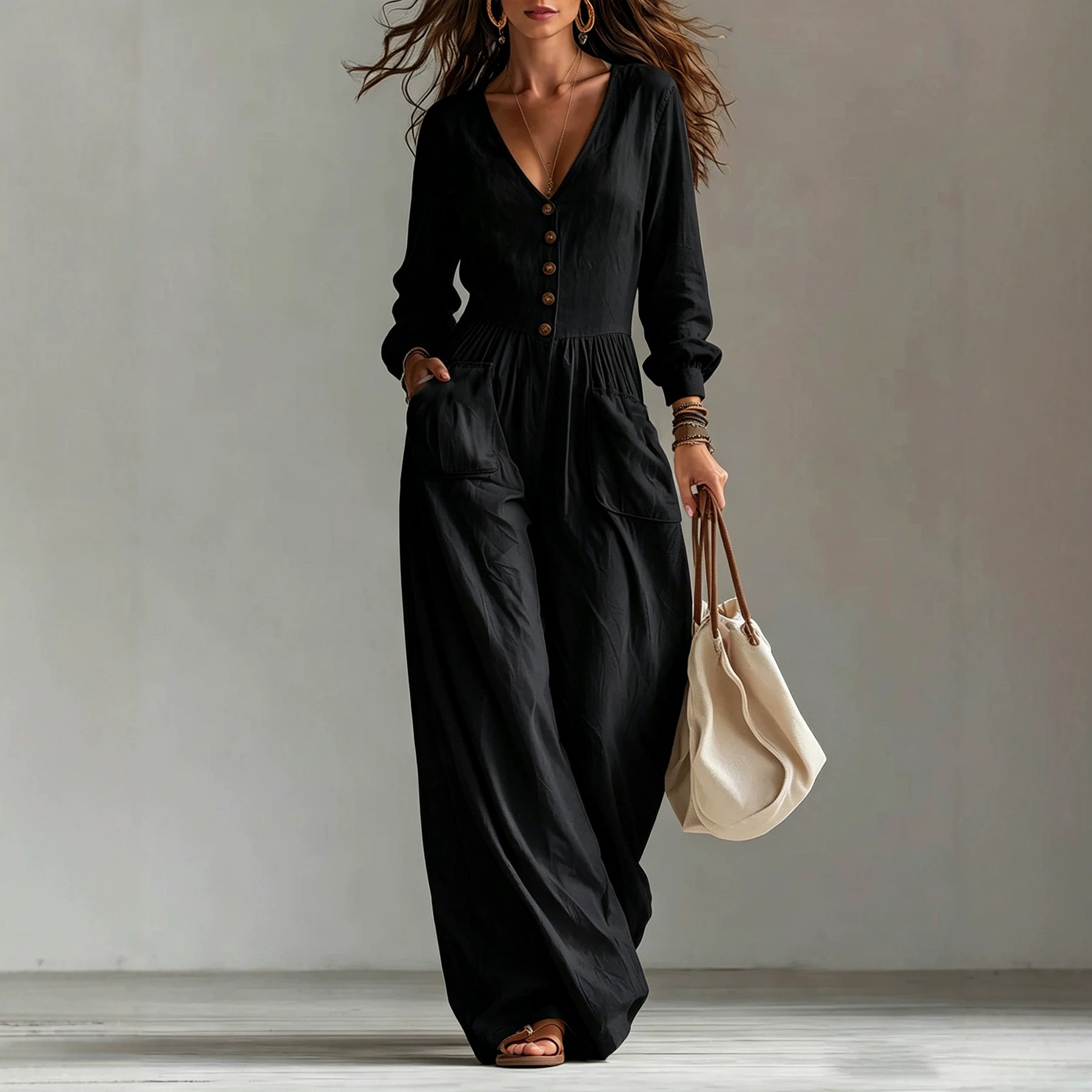 V-Neck Long-Sleeve Button Wide-Leg Jumpsuit Set