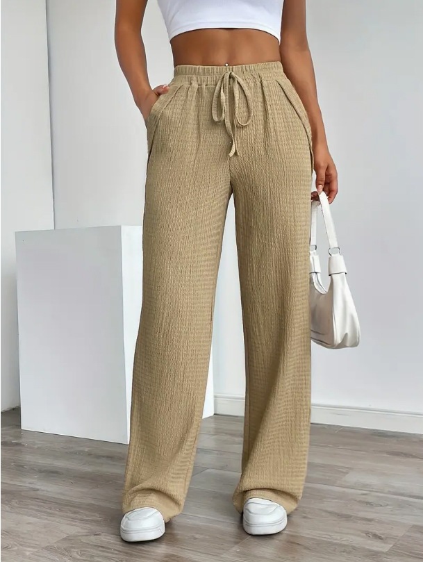 Women's Solid Pattern Loose Elastic Mid-Rise Drawstring Pocket Casual Straight Pants