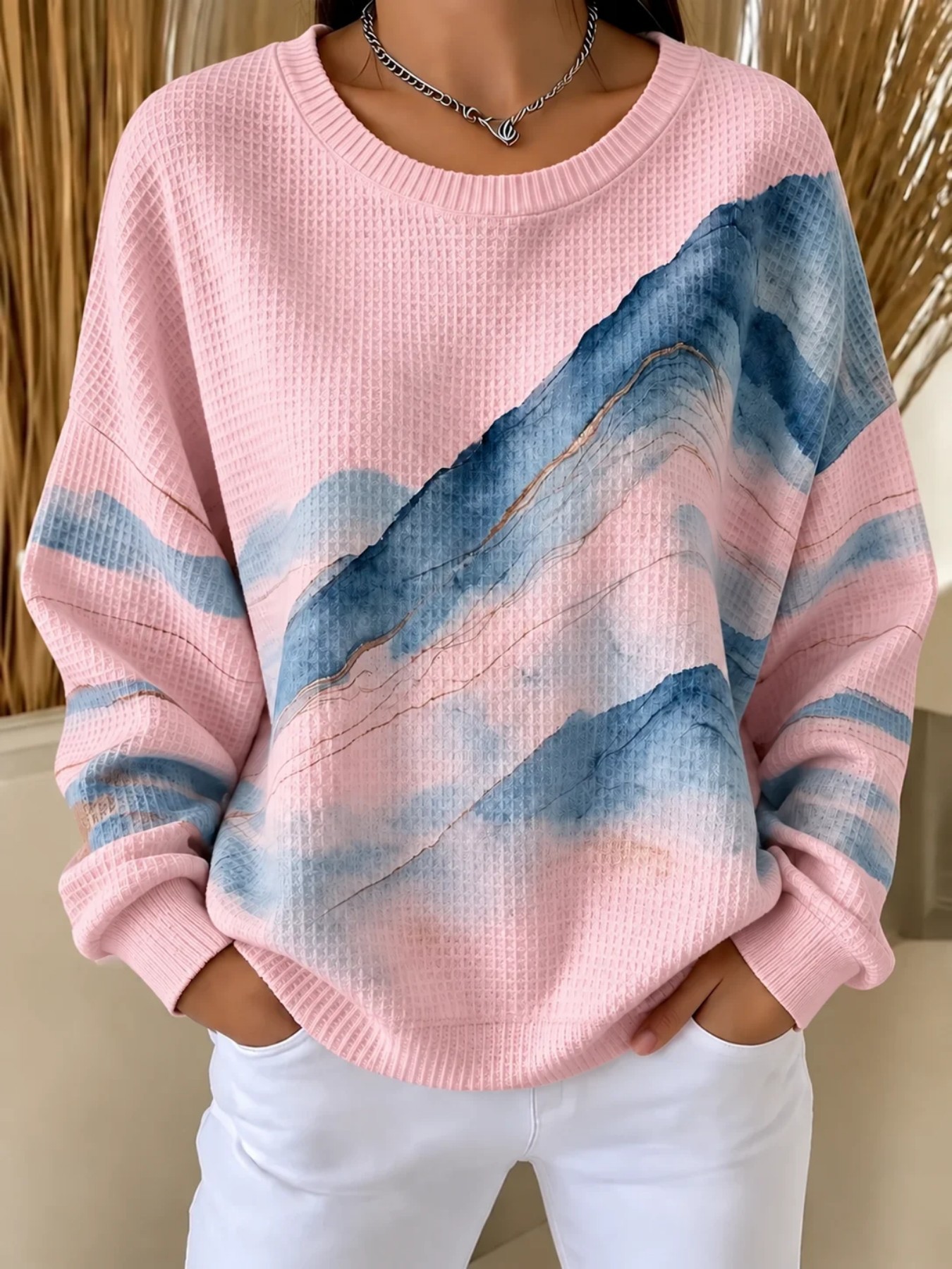 Landscape Line Print Crewneck Long Sleeve Pullover Sweatshirt