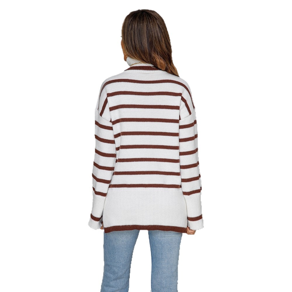 Striped Knit Pullover Sweater with High Neck and Slit, Loose Fit, White/Black