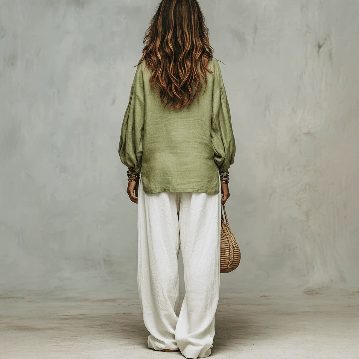 Women's Casual Wide-Leg Two-Piece Set with Long Sleeve Top and Irregular Long Skirt, Loose Fit, Green