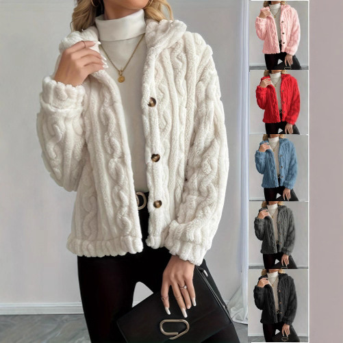 Double-Sided Fleece Cable-Knit Women's Jacket Cozy Warm Button-Up Coat