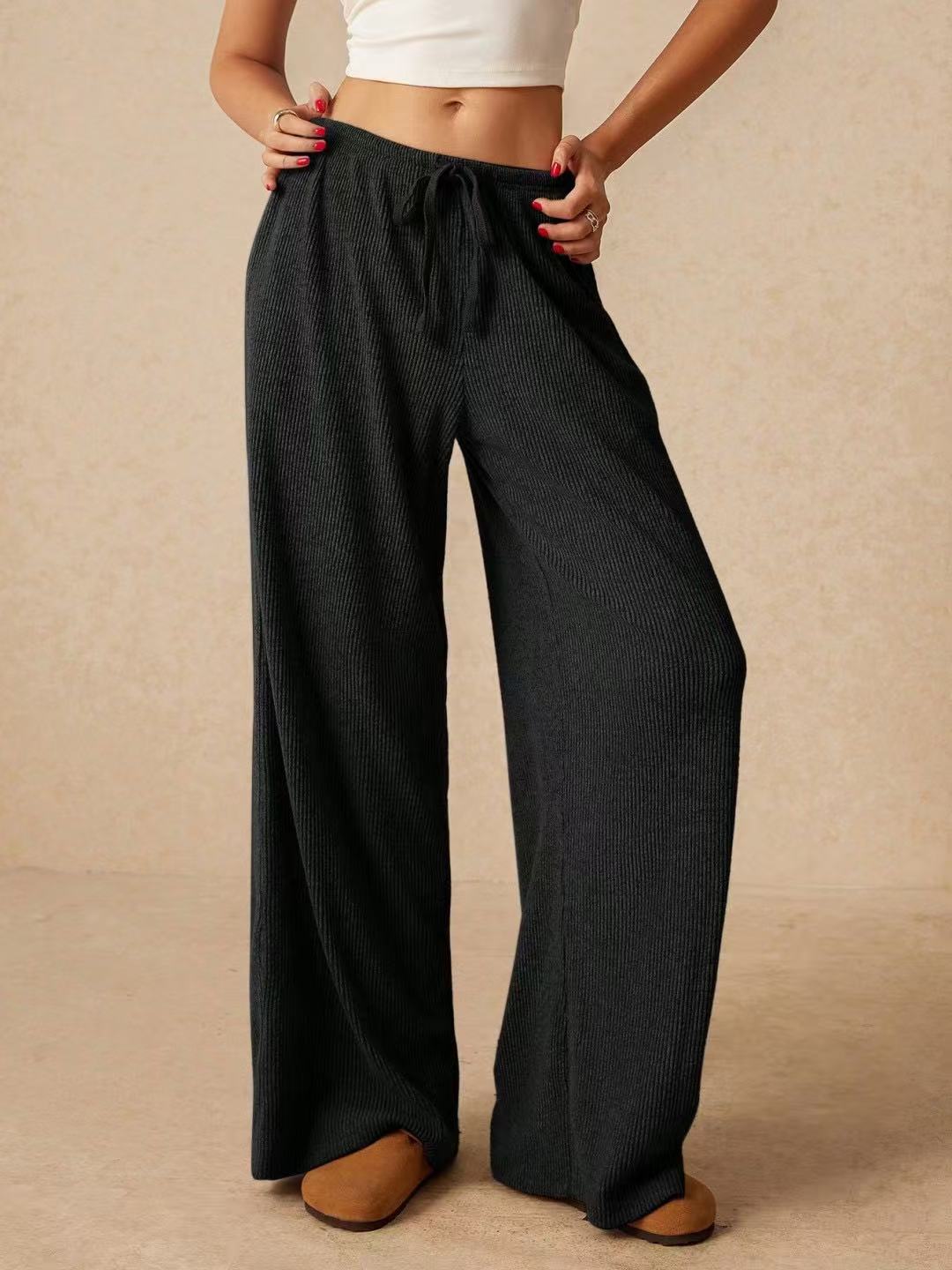 Women's High-Waist Wide-Leg Floor-Length Pants Solid Color Breathable