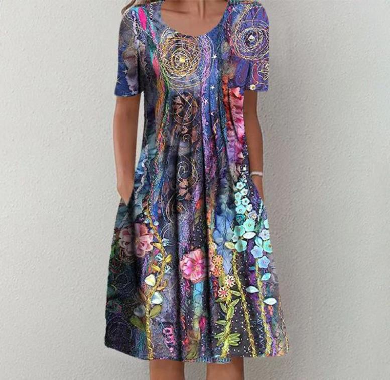 Plus Size Floral Print Short Sleeve Round Neck A-Line Midi Dress