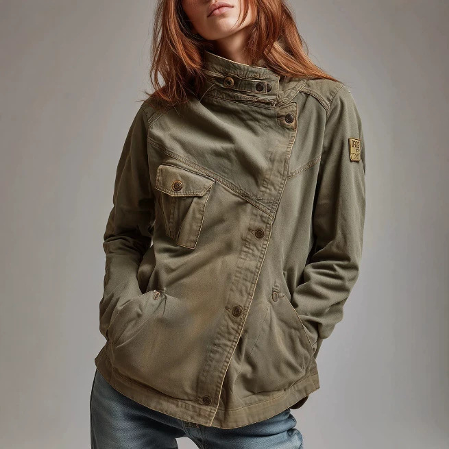 Vintage Stand Collar Asymmetrical Button Pocket Jacket