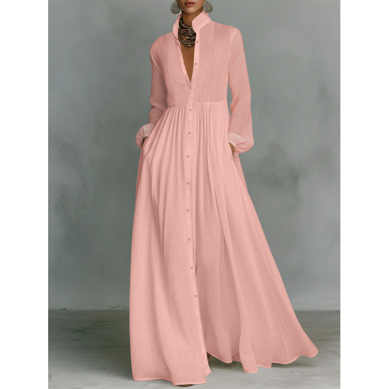 Textured Stand Collar Long Shirt Dress with Lantern Sleeves and Pockets