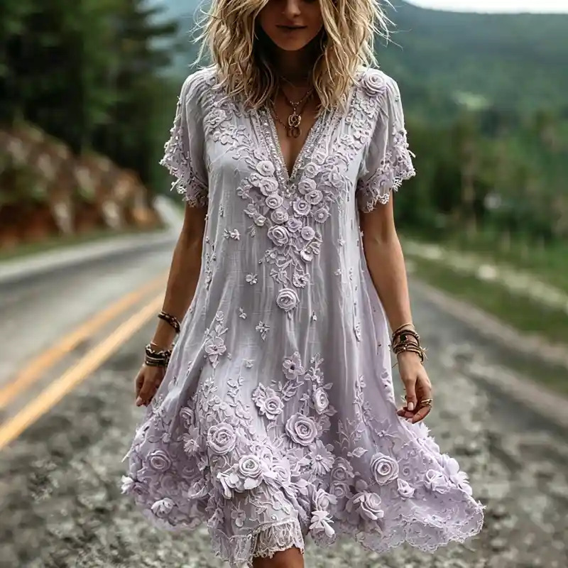 Women's Vintage Floral Print Pleated Midi Dress