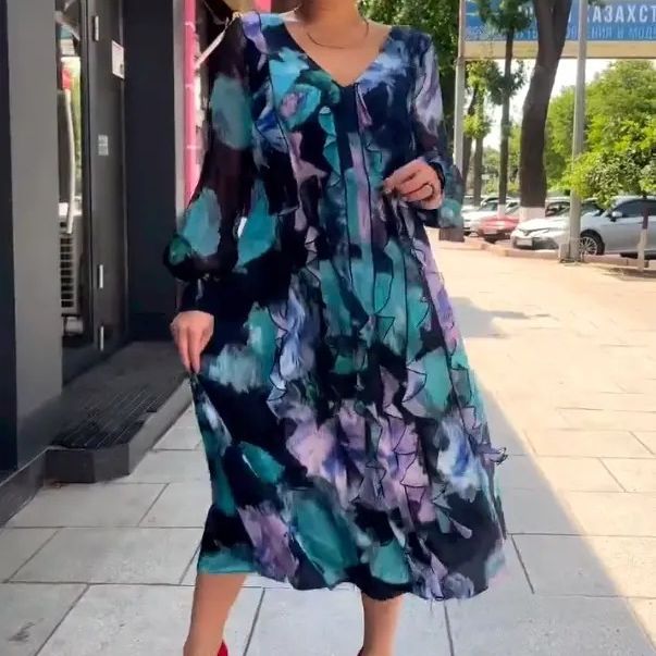 Printed V-Neck Long Sleeve A-Line Maxi Dress