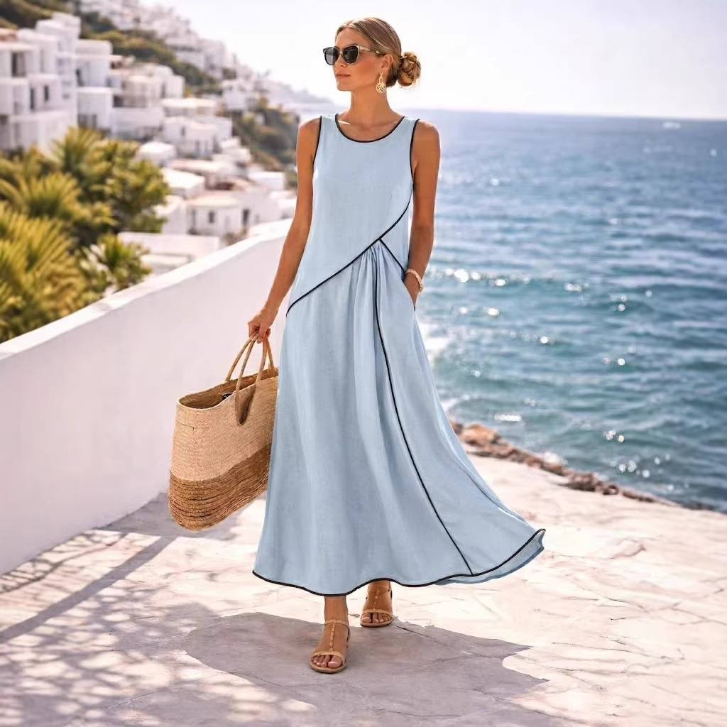 Mediterranean Vacation A-Line Dress with Contrast Trim