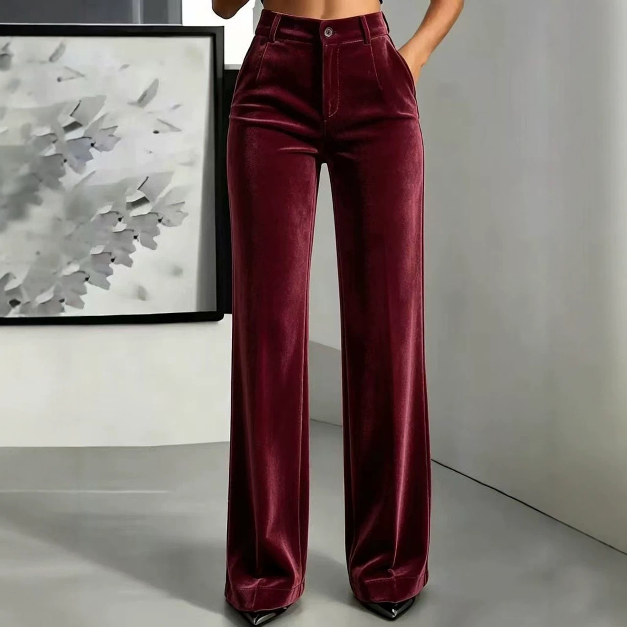 Women's High-Waist Velvet Straight-Leg Pants Slimming Tummy-Control