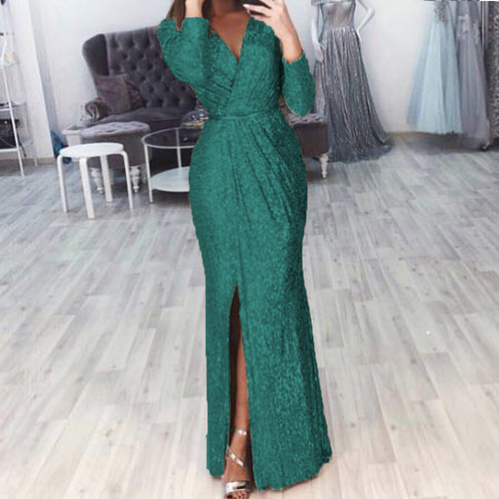 Women's Long Sleeve Deep V-Neck Sequin Evening Dress