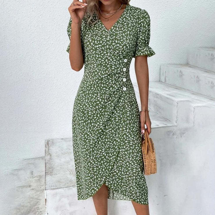 Geometric Patchwork Puff Sleeve Asymmetrical Hem Dress