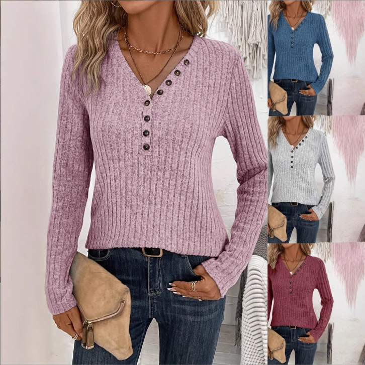 Plus Size V-Neck Button Knit Top Long Sleeve Solid Casual
