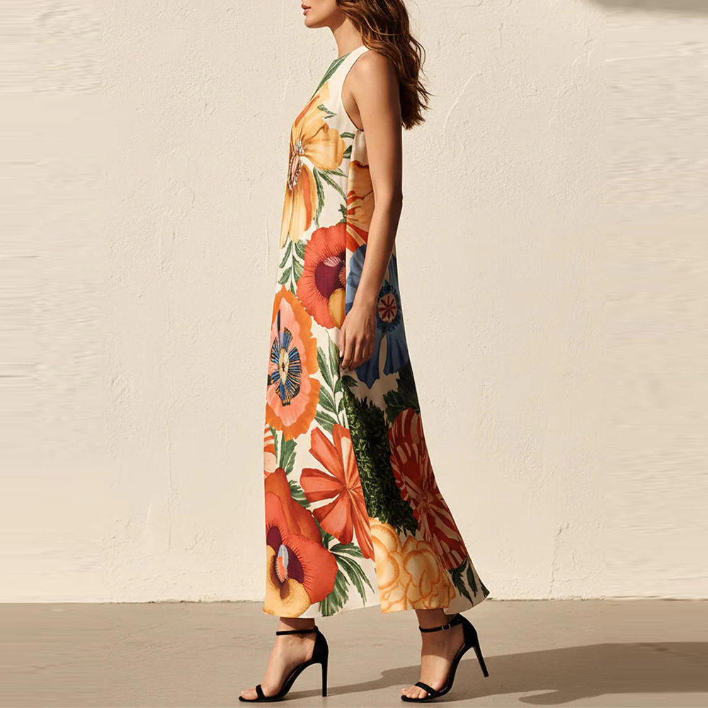 Women's Sleeveless Floral Print Midi Dress U-Neck A-Line