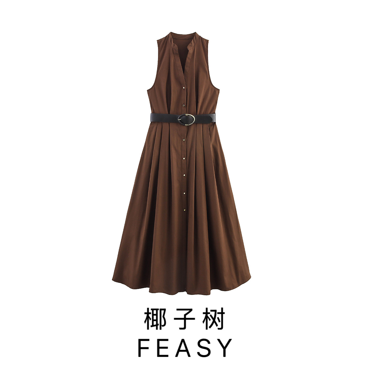 Women's Elegant Belted Midi Dress with Lapel Collar