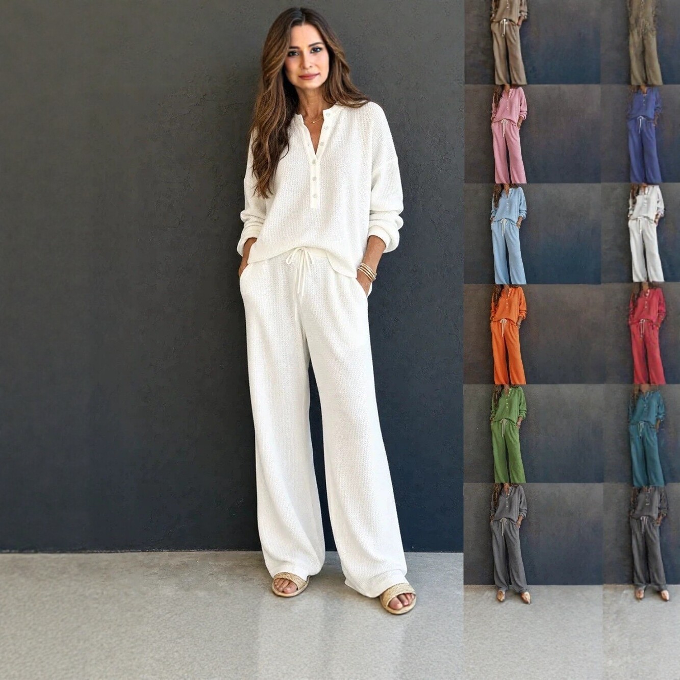 Women's Retro Waffle Knit Long Sleeve Top and Pants Set