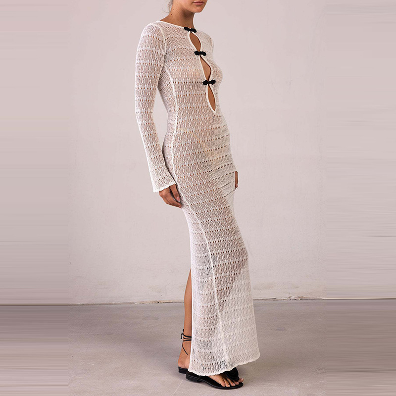 Sexy Open-Back Long-Sleeve Mermaid Maxi Dress Boho Knit Beach Dress