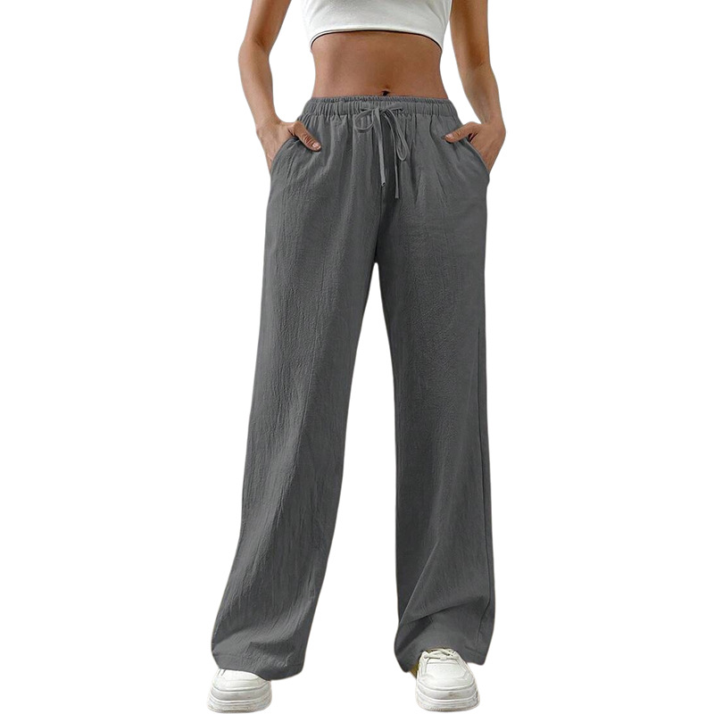 Women's Cotton Linen Wide-Leg Pants Casual Loose High-Waist Drawstring