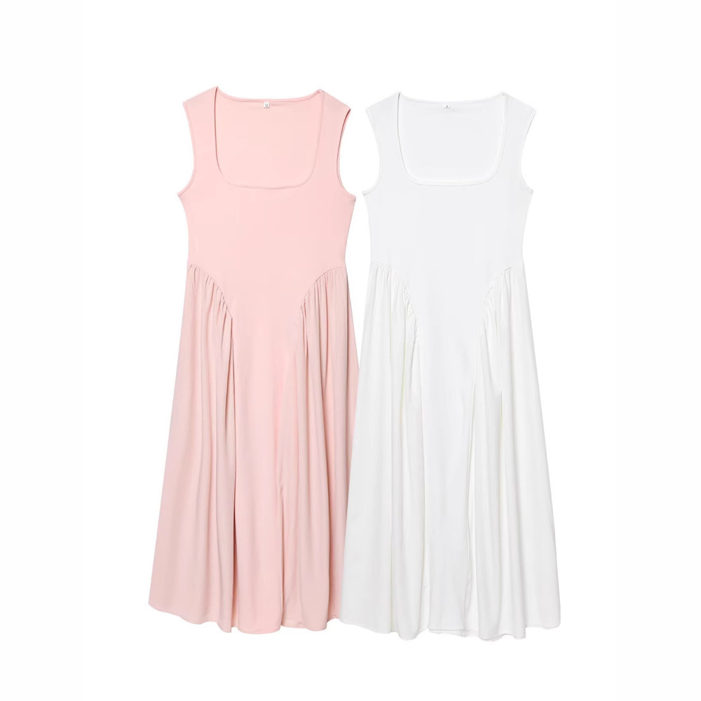 Women's Knit Flared Midi Dress Sleeveless High Waist Pink