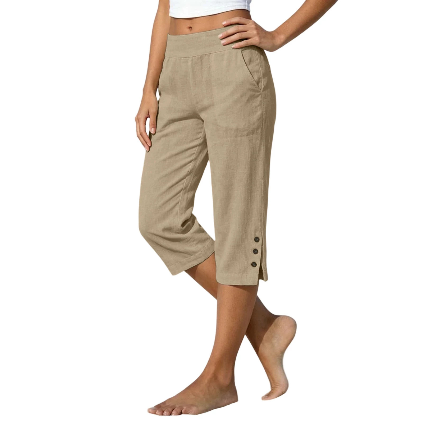 2026 Summer Women's Cotton-Linen Capri Pants High Waist Loose Straight Leg Slit Button Casual Pants Cross-Border Women's