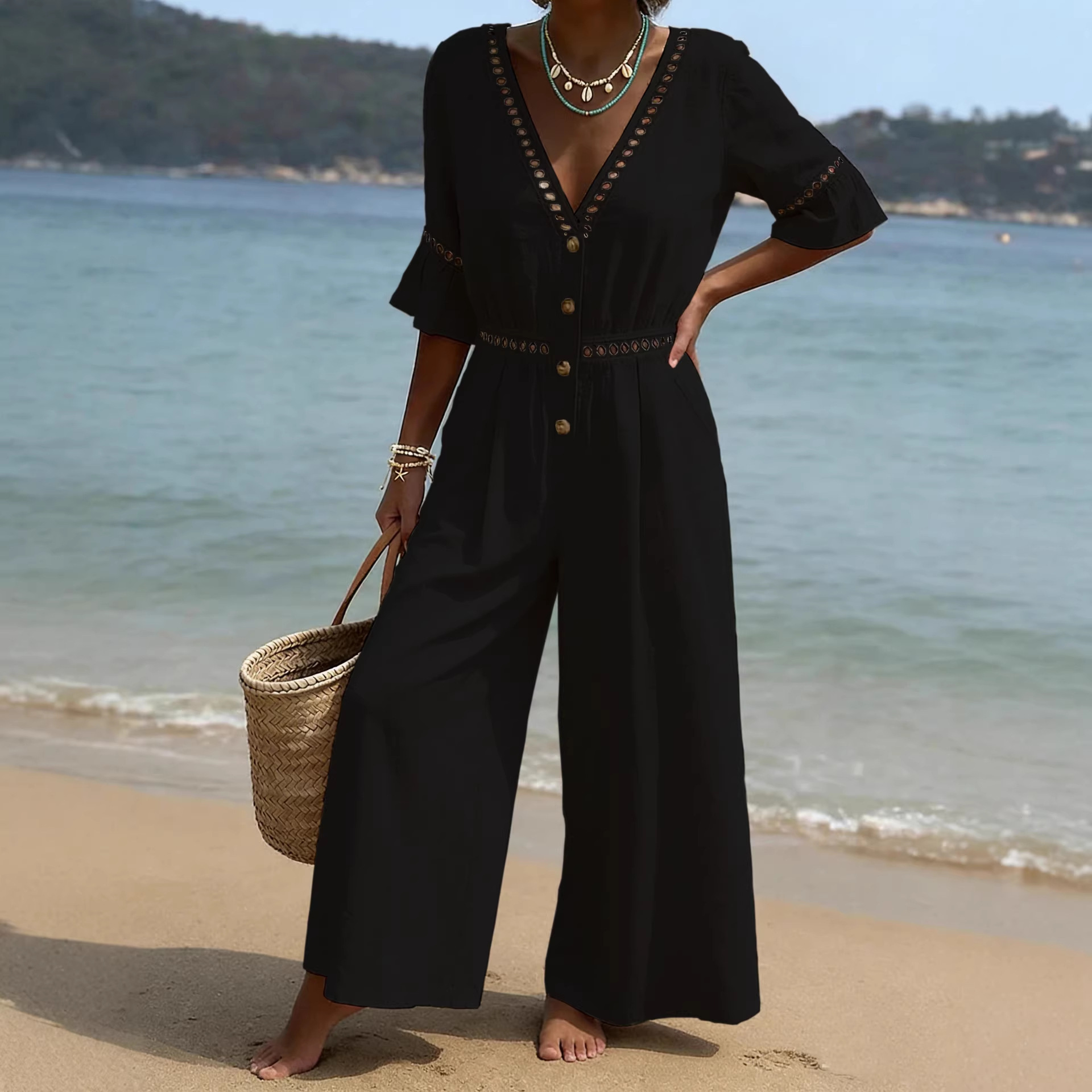 Women's Lace Trim Short Sleeve V-Neck Long Jumpsuit Solid Casual Vacation