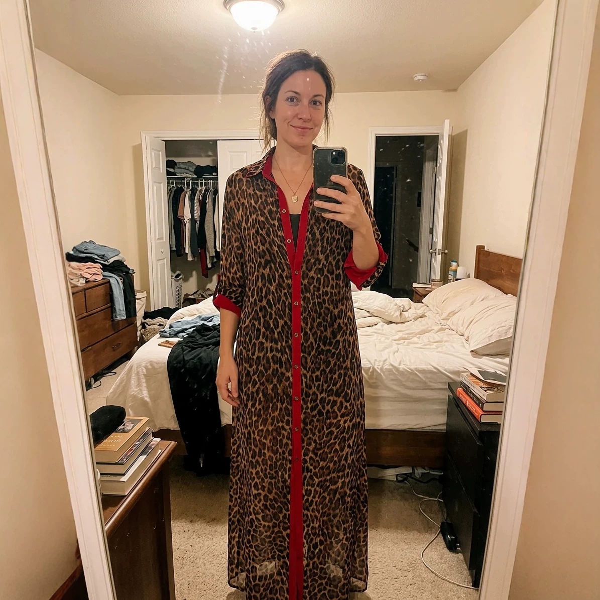 Retro Red-Trim Leopard Print Collared Long Shirt Dress