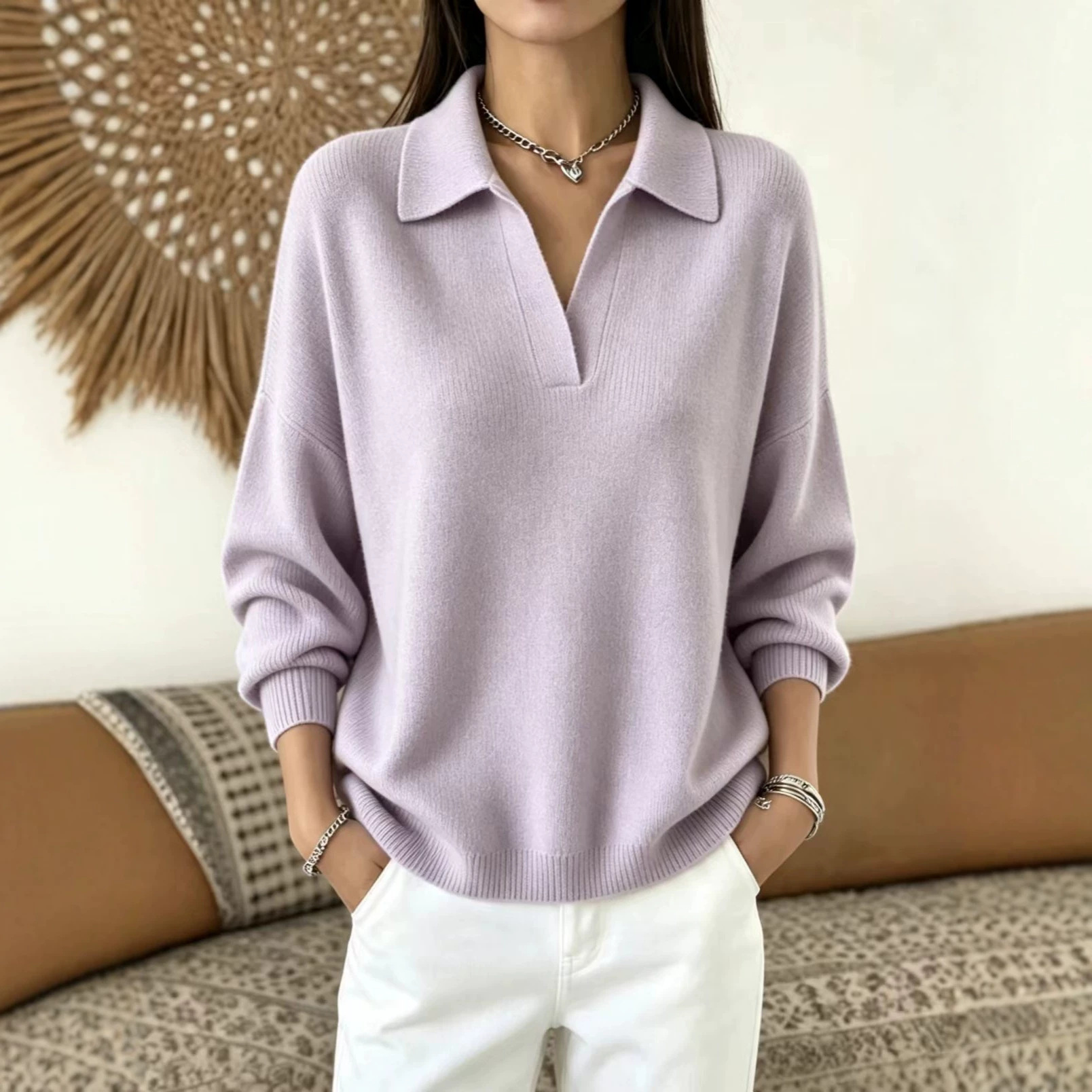 Polo Collar Knit Sweater Loose Fit V-Neck Pullover