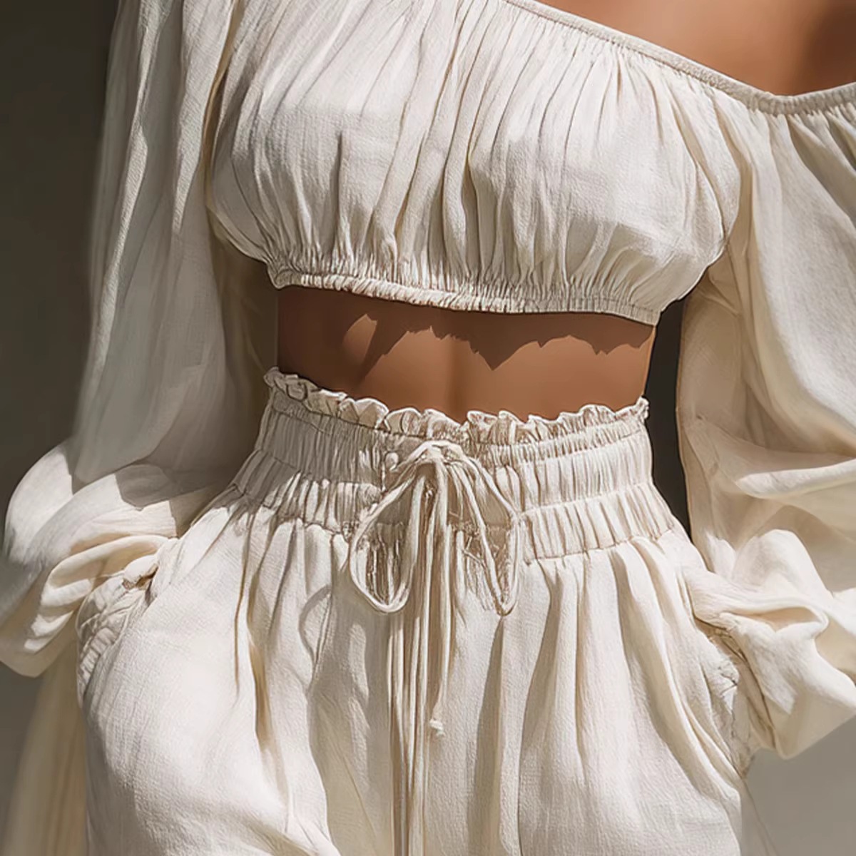 French Lazy Style One-Shoulder Long-Sleeve Crop Top & High-Waist Ruffle Shorts Set