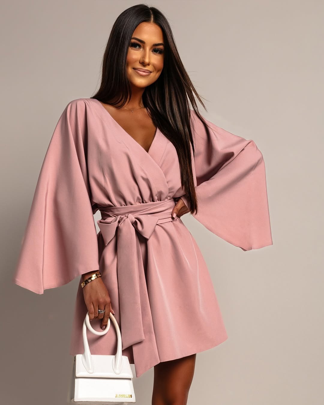 V-Neck Tie-Waist Batwing Sleeve Solid Dress