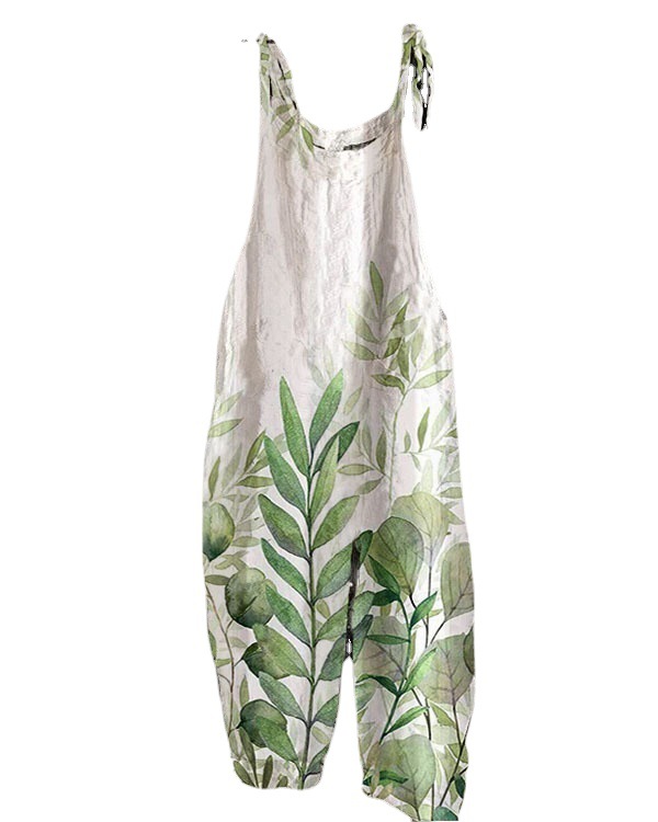 Women's Printed Cotton-Linen Cami Jumpsuit Sleeveless Wide-Leg Beach Romper