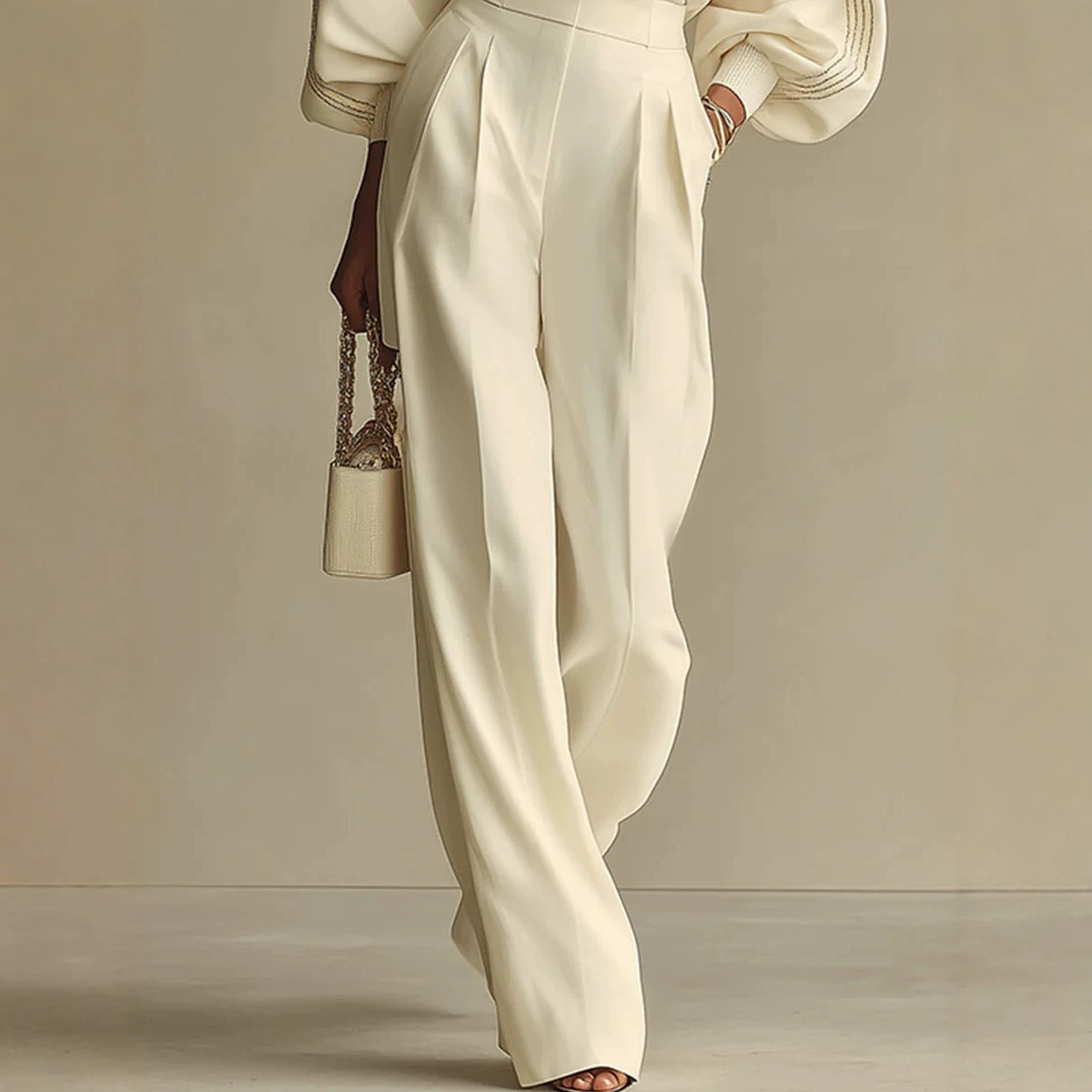 Off-White Knit Top and High-Waist Wide-Leg Pants Set