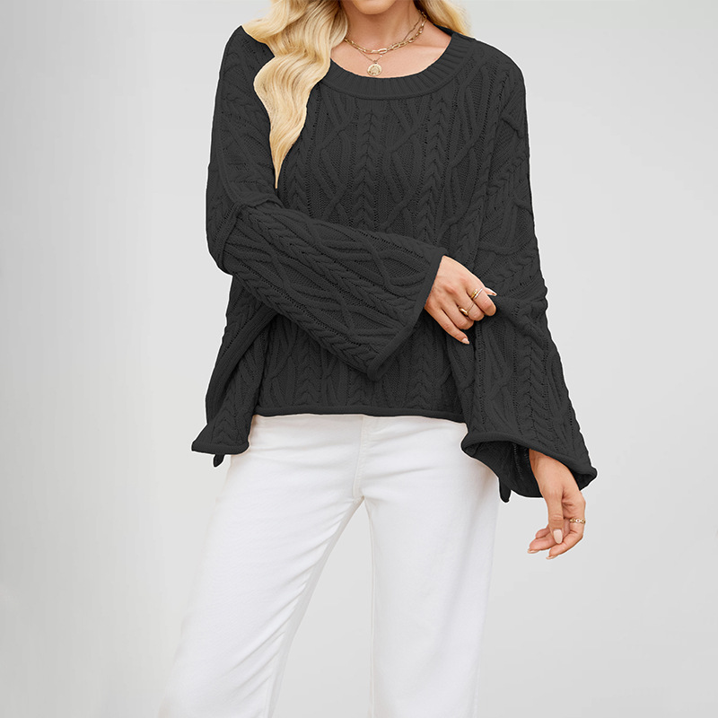 Cable-Knit Crewneck Loose Solid Color Sweater