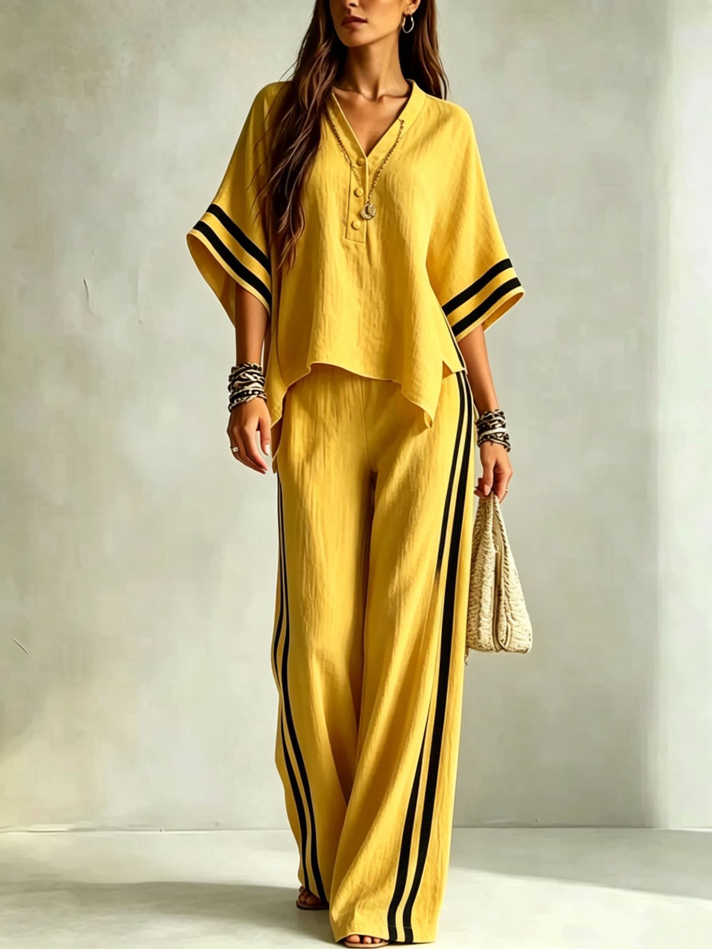 Women's V-Neck Short-Sleeve Top & Loose Pants Two-Piece Set