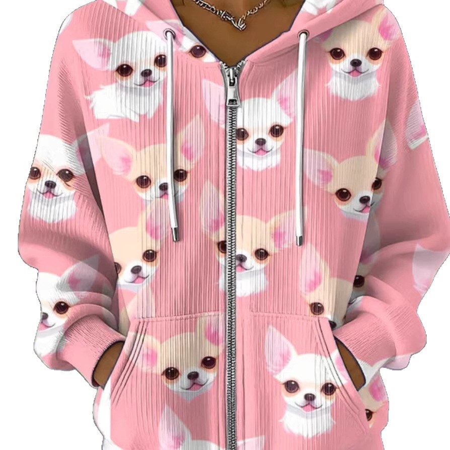 Women's Cute Puppy Print Hoodie Long Sleeve Zip-Up