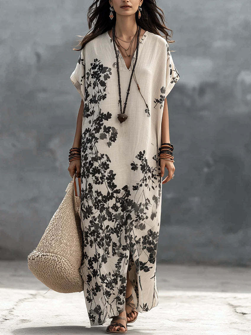 V-Neck Floral Print Short Sleeve Slit Maxi Dress