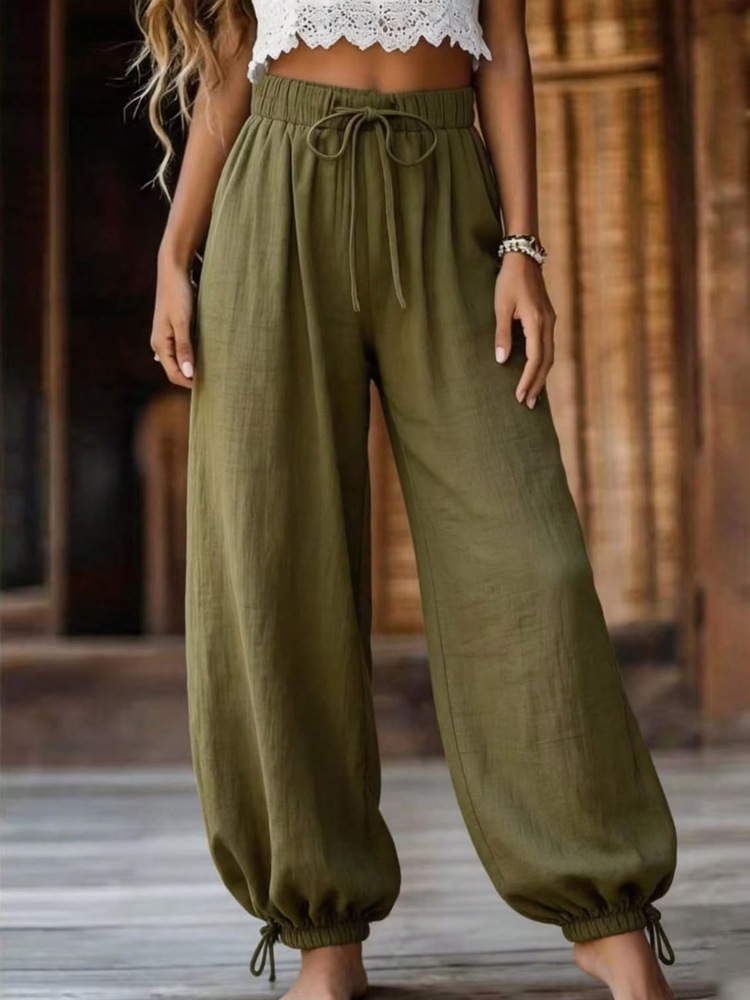 Women's Summer Lightweight Loose Straight-Leg Pants Solid Color High-Waist