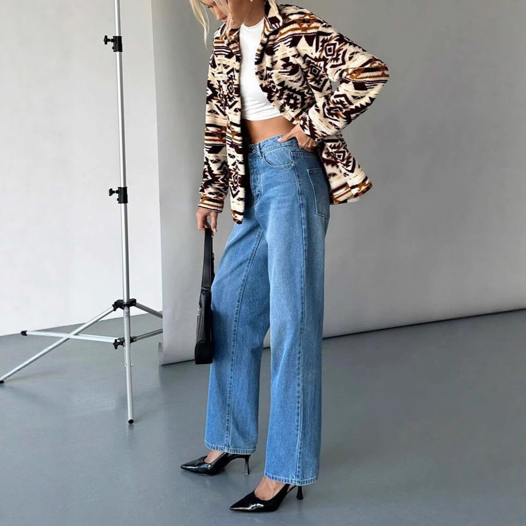 Women's Faux Fur Jacket with Geometric Print, Lapel Collar, Long Sleeve, Dark Brown