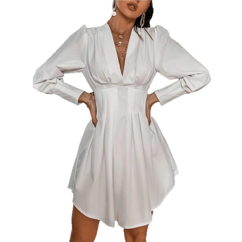 Elegant Ruched Waist Puff Sleeve V-Neck Shirt Dress