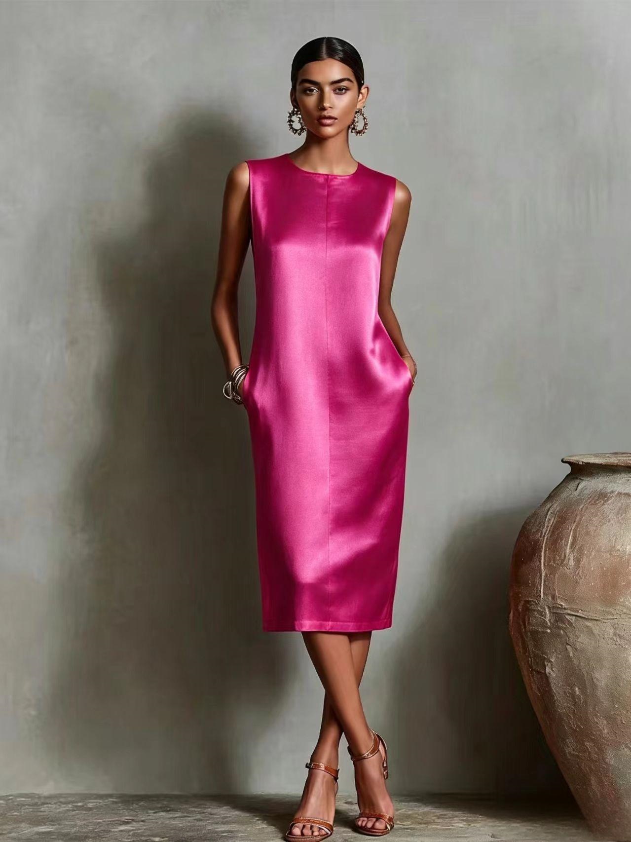 Sleeveless Round Neck Side Pocket A-Line Midi Dress