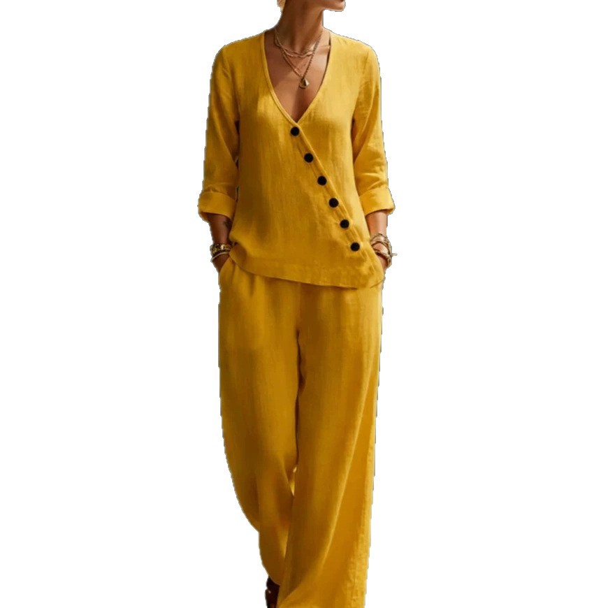 Women's Minimalist V-Neck Button Shirt & Wide-Leg Pants Set