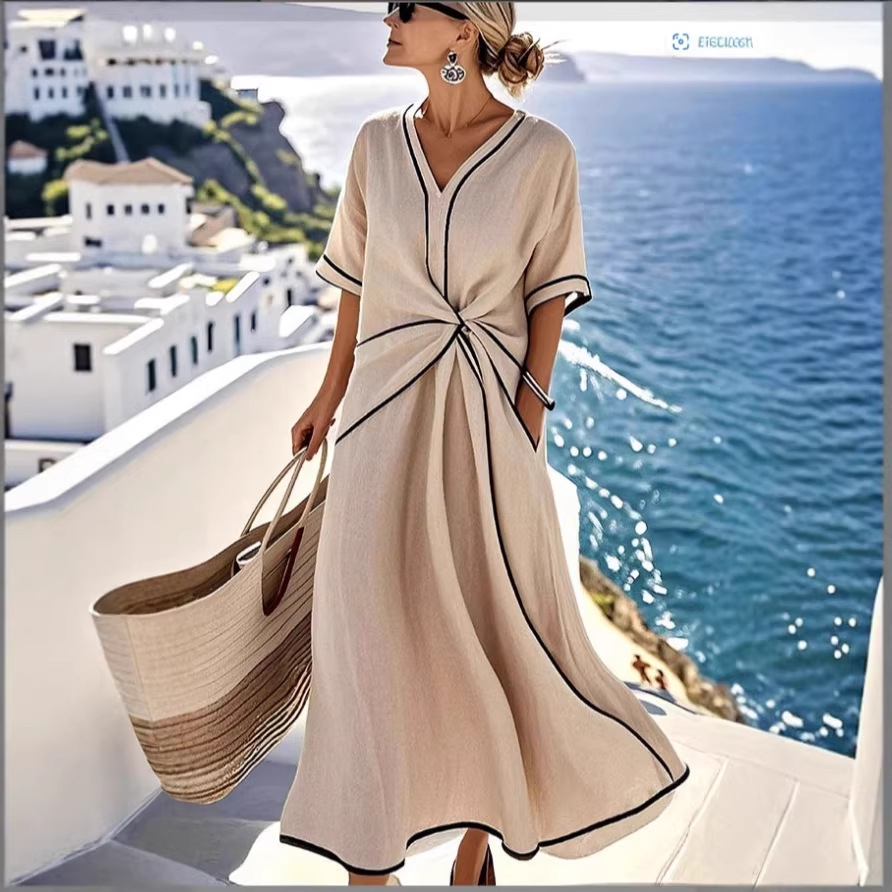 Bohemian V-Neck Long Dress with Contrast Trim