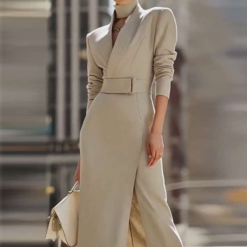 V-Neck Fitted Midi Bodycon Slit Dress