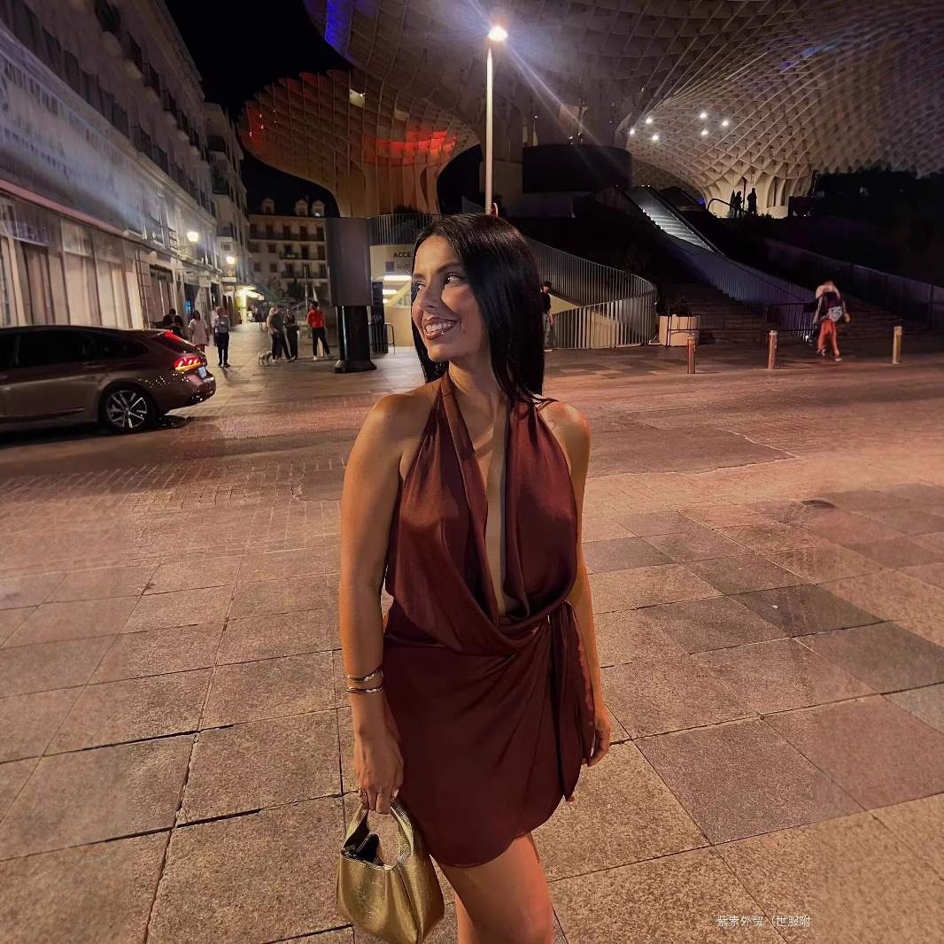 Gold-Accented Halter Neck Mini Dress