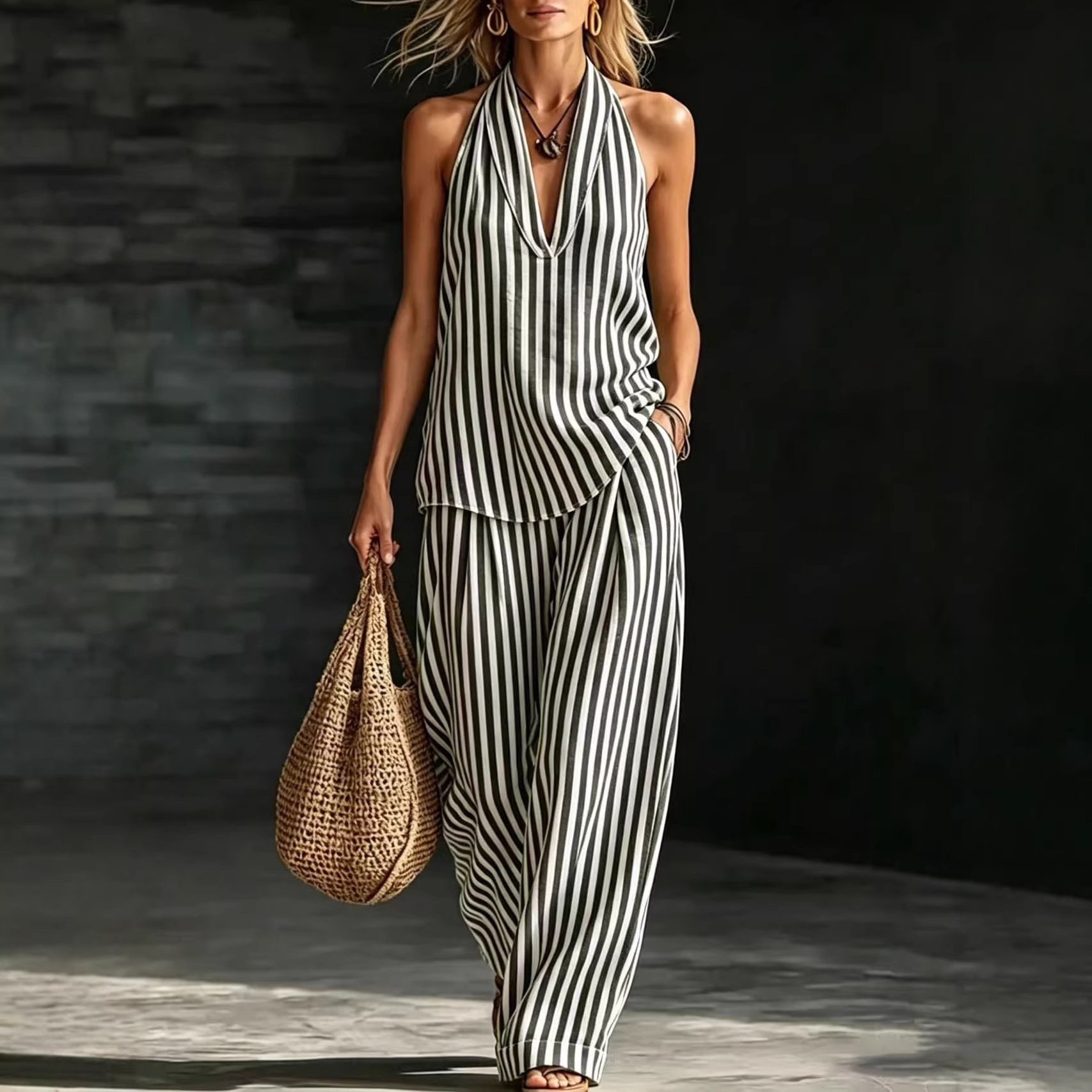 Striped Wide-Leg Pants Two-Piece Set Sleeveless Vest Women's